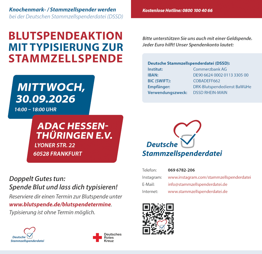 Blutspendeaktion mit Typisierung zur Stammzellspende beim ADAC am 30.09.2026 in Frankfurt Niederrad